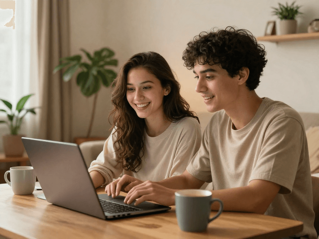 Couple enjoying ai sex chat on laptops in cozy living room