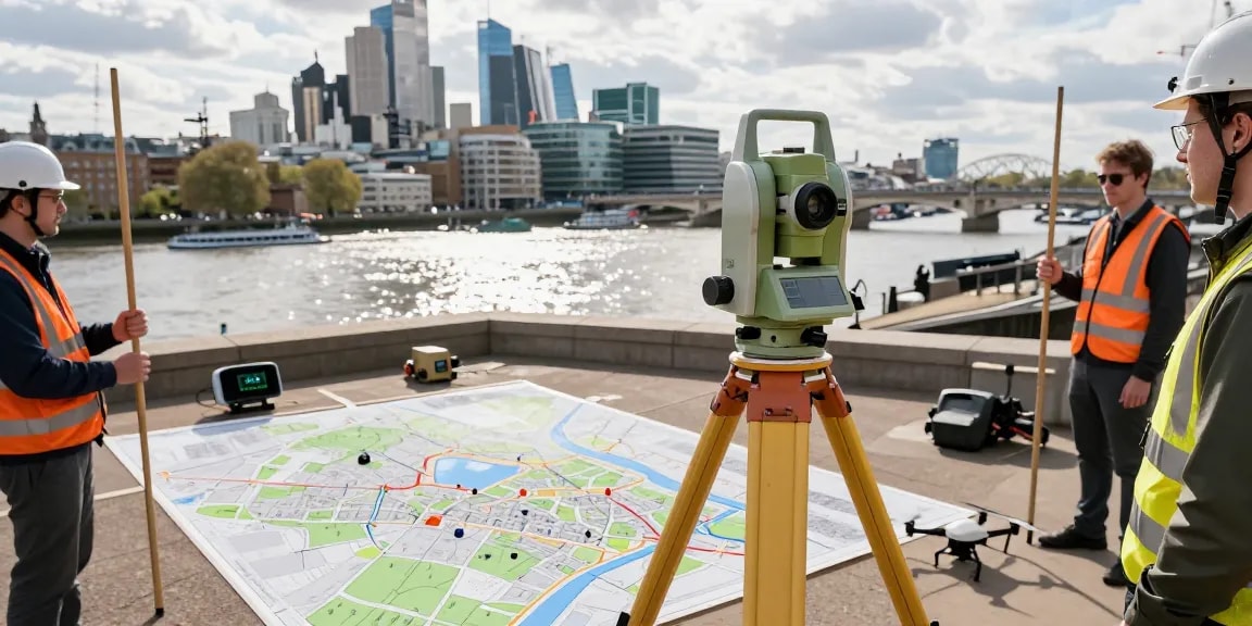 Land surveyors London using advanced surveying equipment in urban setting.