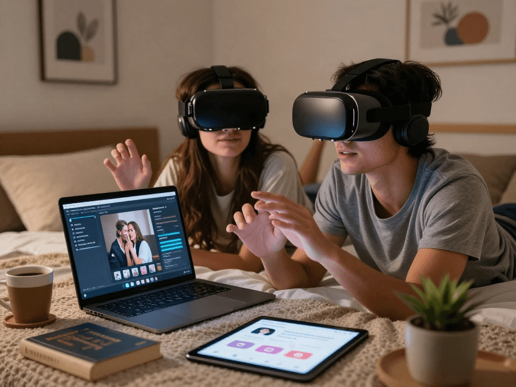 Couple exploring ai sex with VR headsets, laptop displaying innovative software in a cozy bedroom.