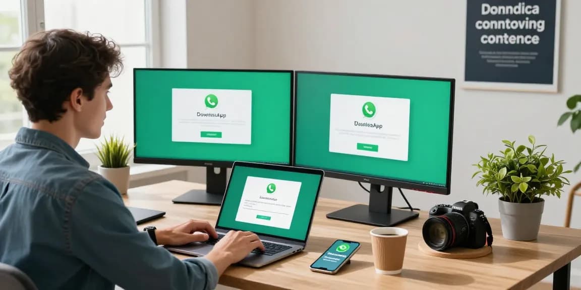 Downloading WhatsApp下載 on a modern workspace with tech setup and bright lighting.