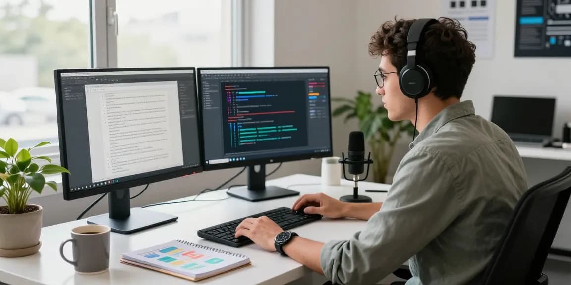 Person using AI writing tools in a professional tech workspace, surrounded by monitors and creative elements.