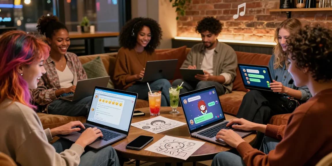 Engaging NSFW chat scene with diverse individuals laughing and interacting with laptops in a cozy lounge setting.