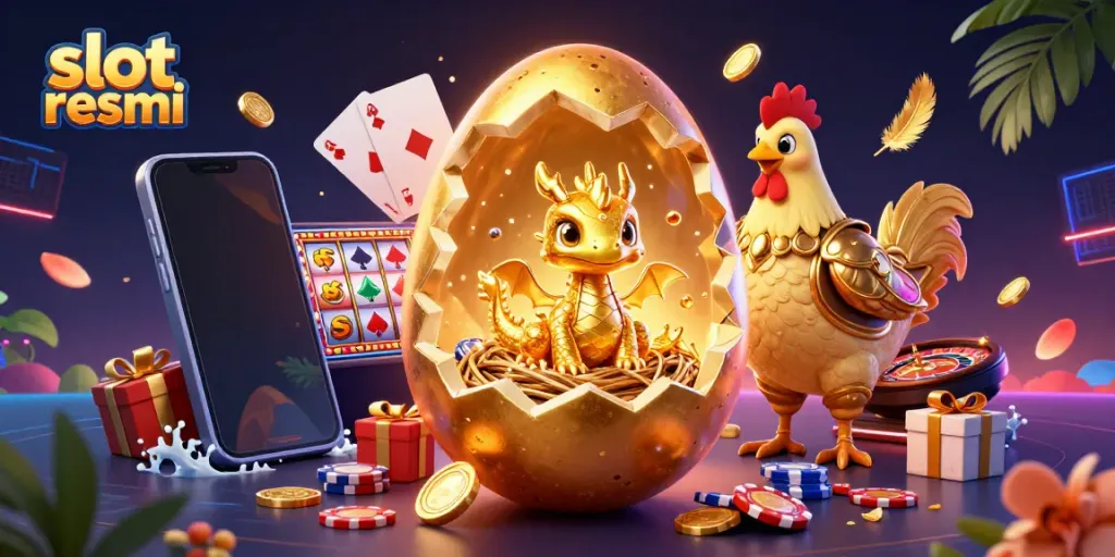 Experience the thrill of slot resmi with a golden dragon and vibrant gaming elements.