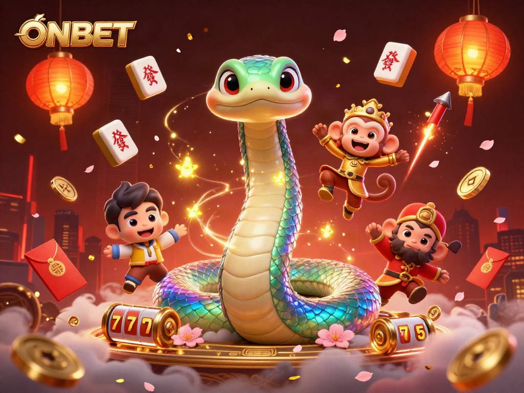 Engage with ONBET at a vibrant online casino scene featuring colorful characters and dynamic gaming elements.