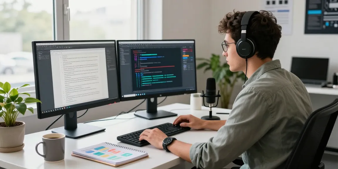 Person using AI writing tools in a professional tech workspace, surrounded by monitors and creative elements.