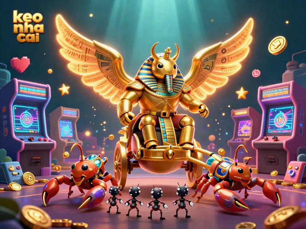 Engage with keo nha cai using vibrant casino-themed 3D illustration featuring a pharaoh beetle and scorpions.