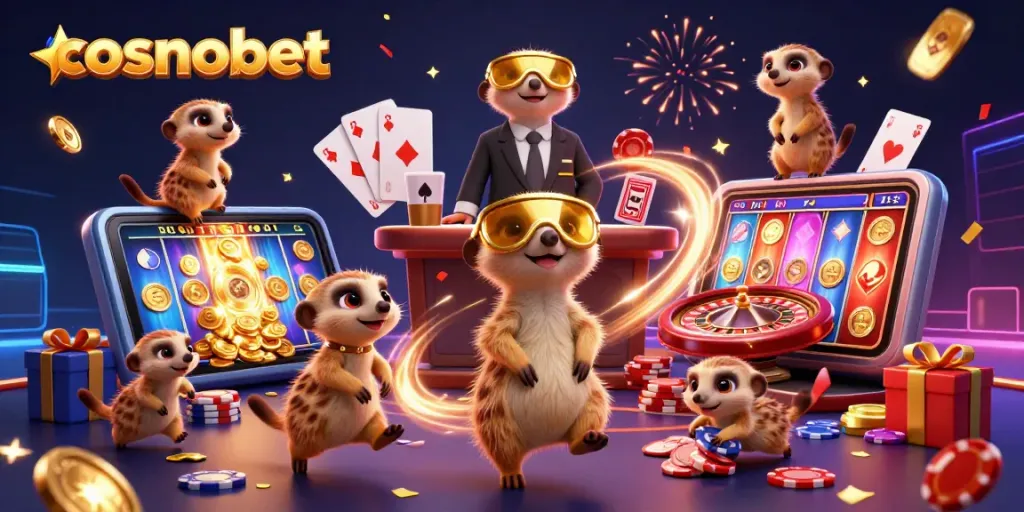 Experience Cosmobet's vibrant casino atmosphere with meerkats engaging in exciting gameplay.