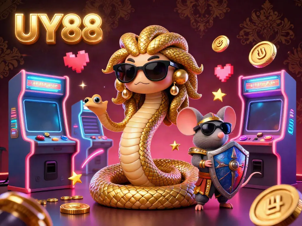 Experience thrilling gaming at UY88 with dynamic scenes of Medusa and arcade games in a rich casino setting.