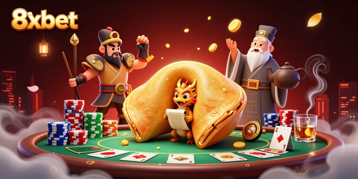 Engage your luck with 8xbet's vibrant casino scene featuring fantasy characters and a poker table.