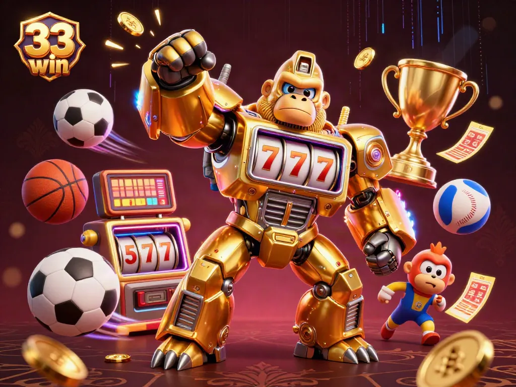 Bet on 33 win with a dynamic 3D illustration showcasing slot machine-themed characters, vibrant sports elements, and a winning atmosphere.