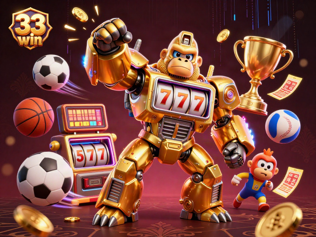 Bet on 33 win with a dynamic 3D illustration showcasing slot machine-themed characters, vibrant sports elements, and a winning atmosphere.