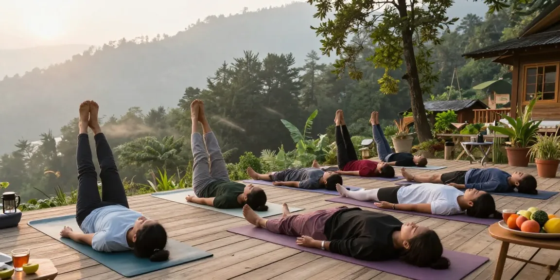 Engaged individuals in a yoga retreat in Rishikesh practicing yoga at sunrise amidst serene Himalayan landscapes.