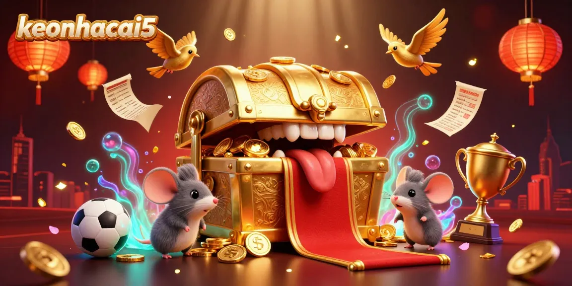 Engage with keonhacai5 in a vibrant sports betting scene featuring cartoon treasure chest and golden birds among dynamic game elements.