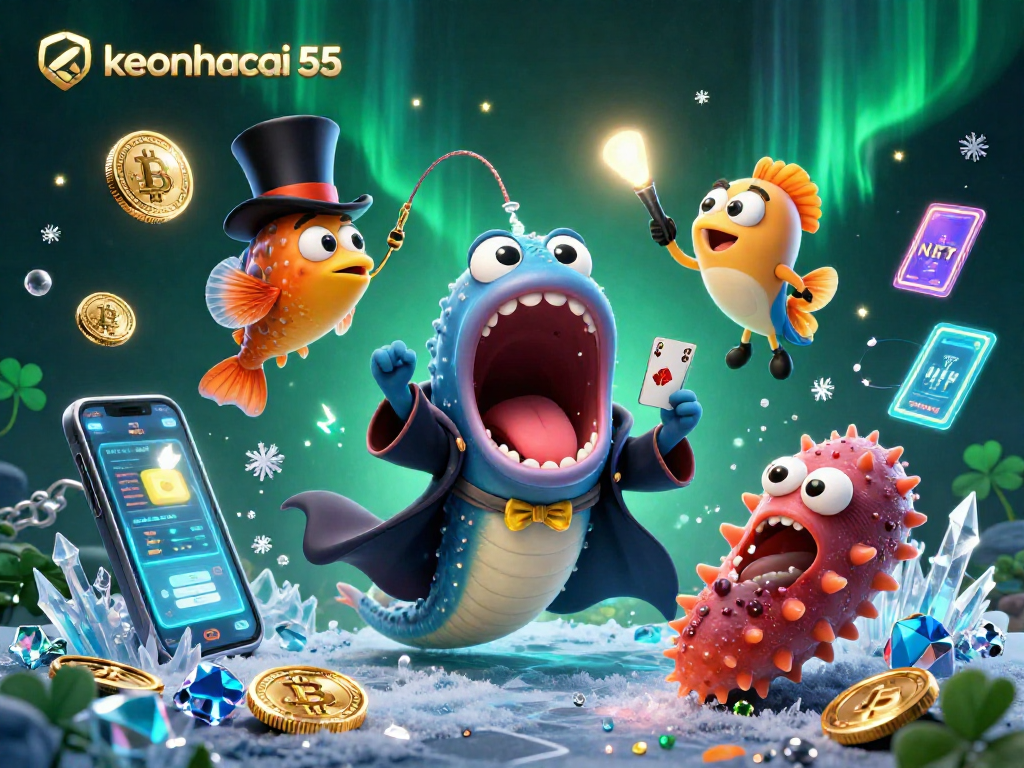 Engage with keonhacai 55 in a vibrant 3D cartoon magic scene illustrating crypto gambling fun.