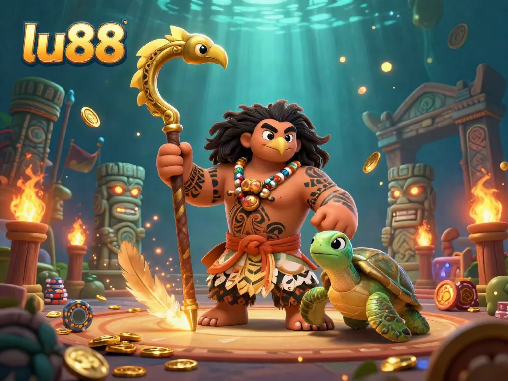 Experience the thrill of lu88 with a vibrant 3D illustration featuring a Maui-style demigod hawk and a turtle, surrounded by dynamic casino elements.