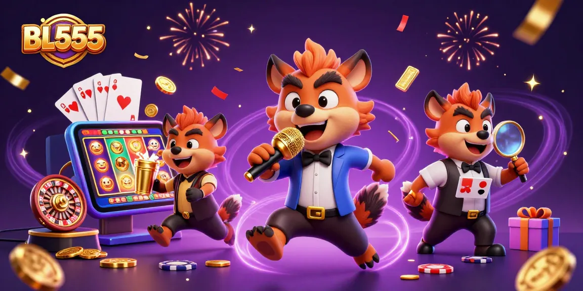 Join the fun at BL555 with cartoon hyenas in a lively casino scene, filled with vibrant gaming elements.