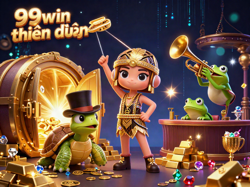 Experience the excitement of 99win thiên đường with vibrant casino characters and gold treasure.