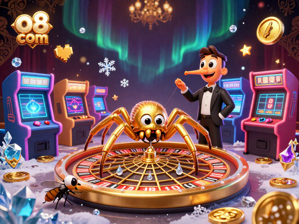 Engage with the vibrant 3D scene featuring o8 com, where a golden spider spins a roulette wheel web as playful characters immerse in casino action.