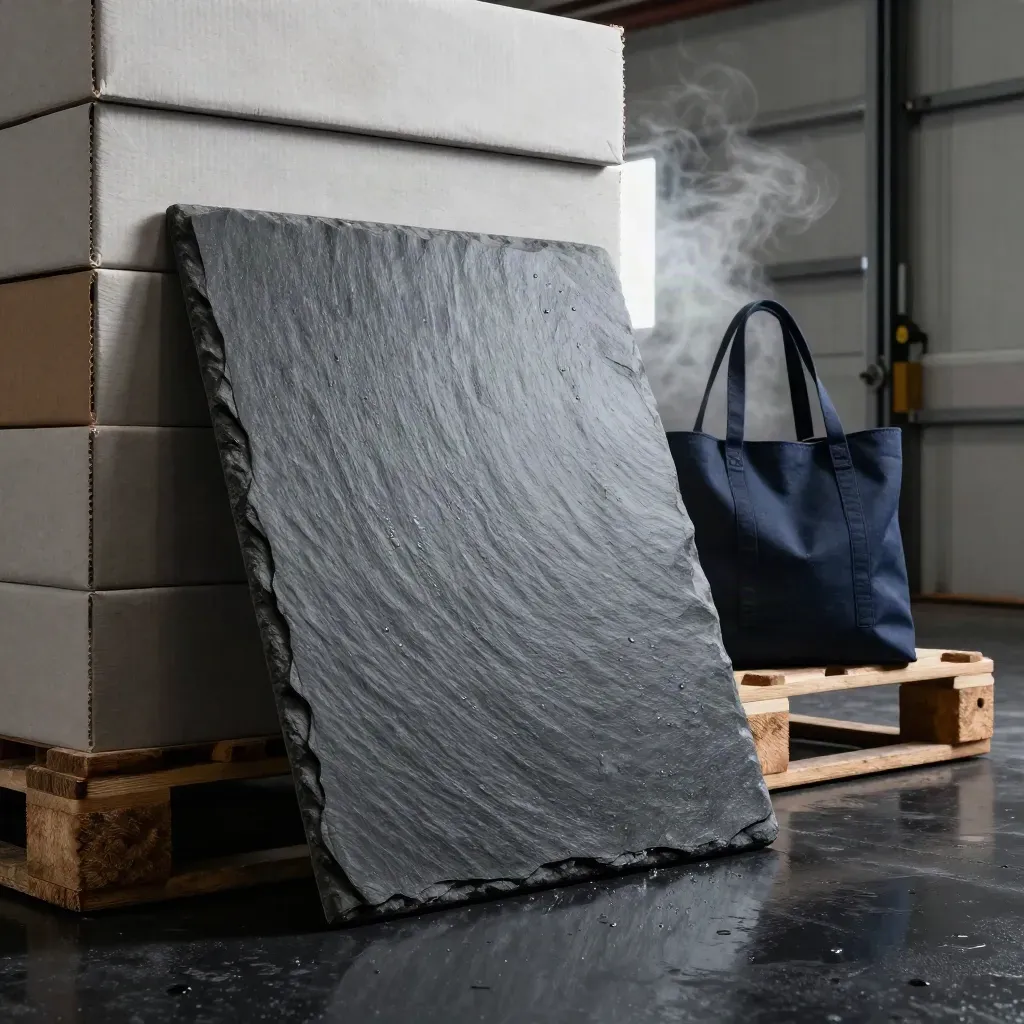 Warehouse dashboard slab by cartons on wet slate with steam and rim light.
