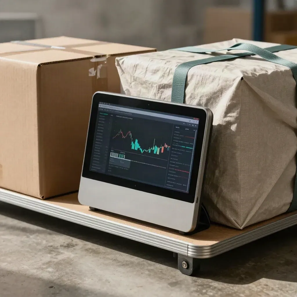 Compact inventory dashboard beside crate, carton and sealed tote in soft dispatch light