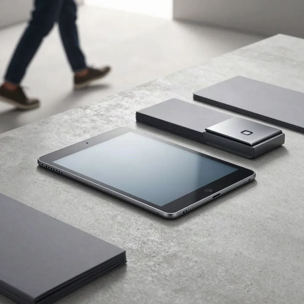 Floating retail stock hub tablet with carton sleeves and a scanner dock on concrete