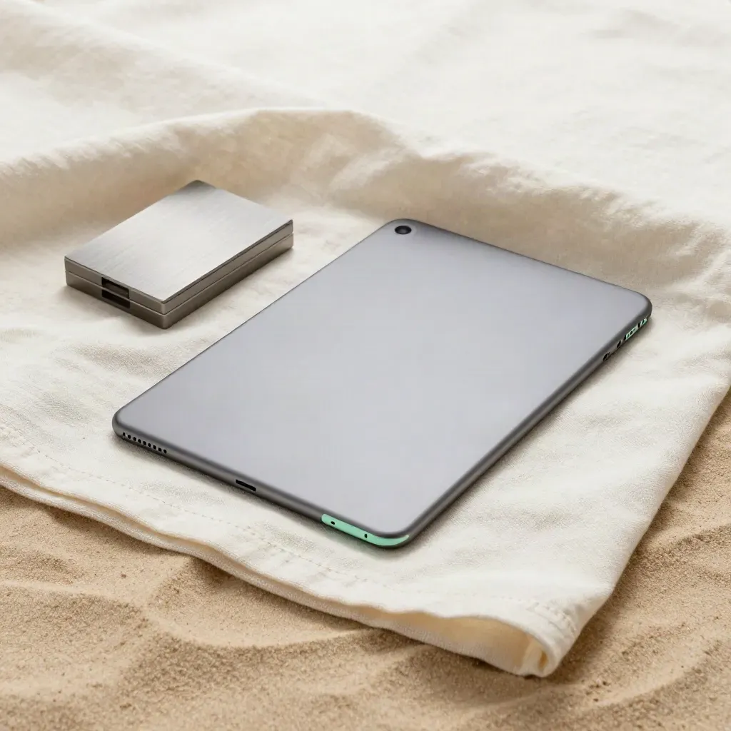 Forecast tablet half-sunk in pale fabric beside a sample box and metal brace.