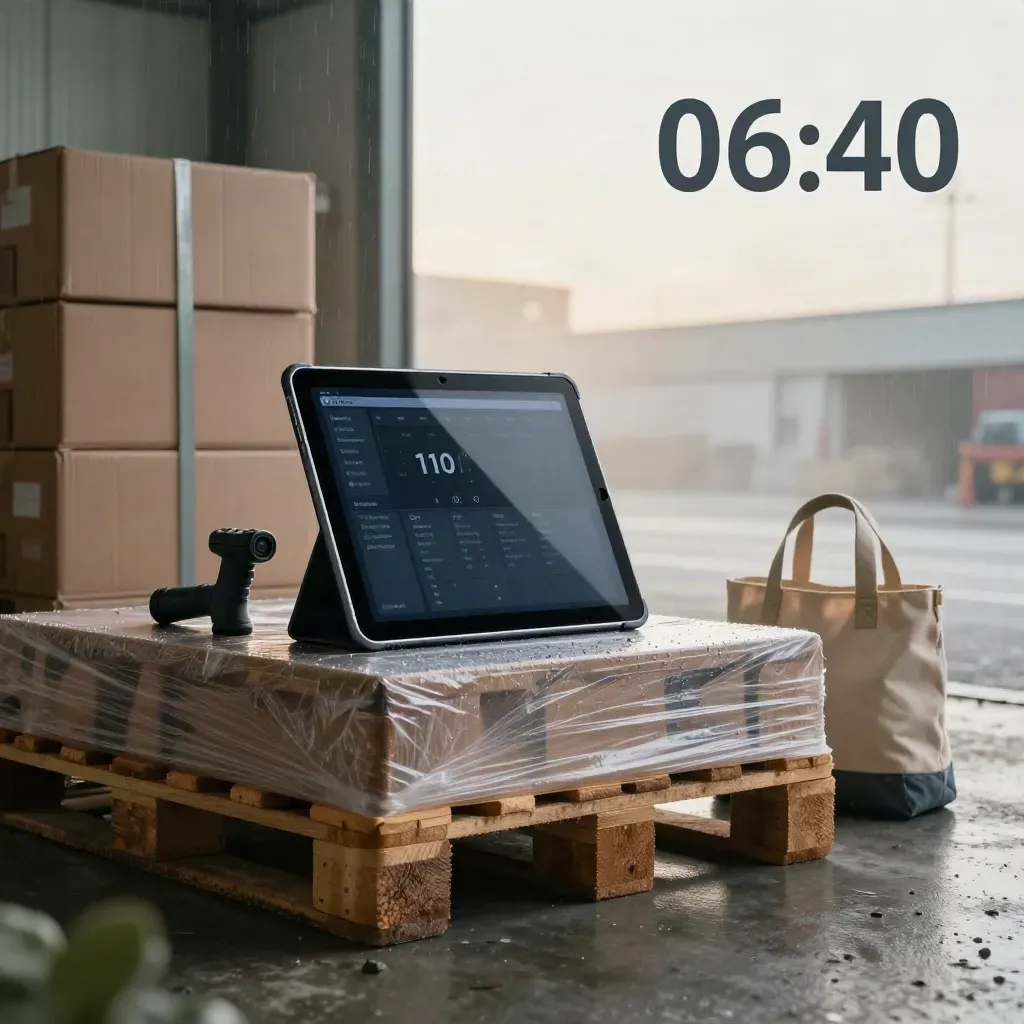 Warehouse tablet hero on a wet pallet crate with scanner and boxes in dawn mist