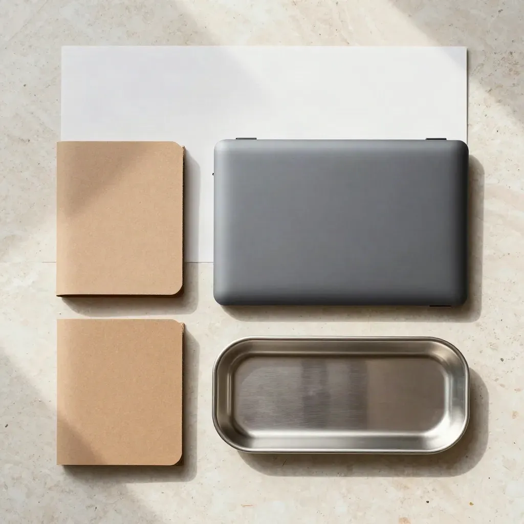 Overhead flatlay of a PO manager device with two sleeves and a metal tray on pale travertine.