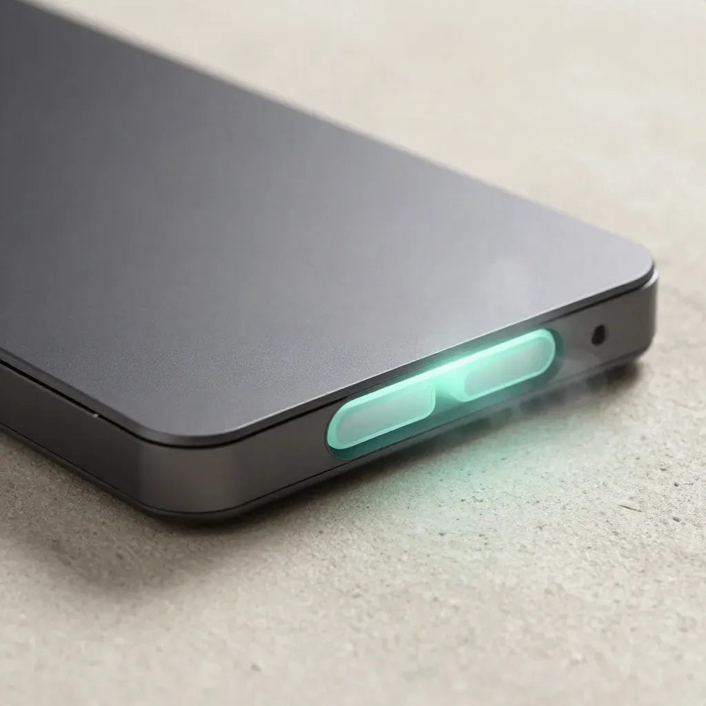 Dark stock-alert tablet glowing mint on brushed concrete with two modules