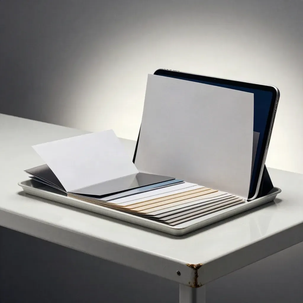 Order report kit tablet with paper slips on a white metal surface, lit dramatically in studio.