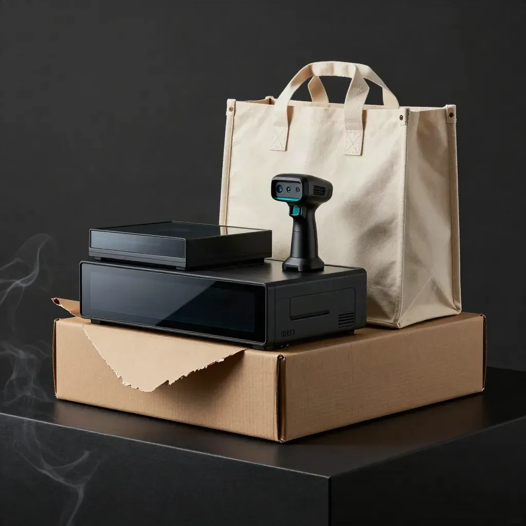 Rugged inventory dashboard devices, scanner, tote and cartons on a matte-black studio surface.