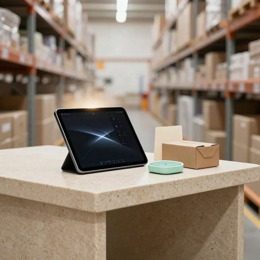 Dashboard tablet on stone plinth beside carton and dock in a softly lit warehouse nook.
