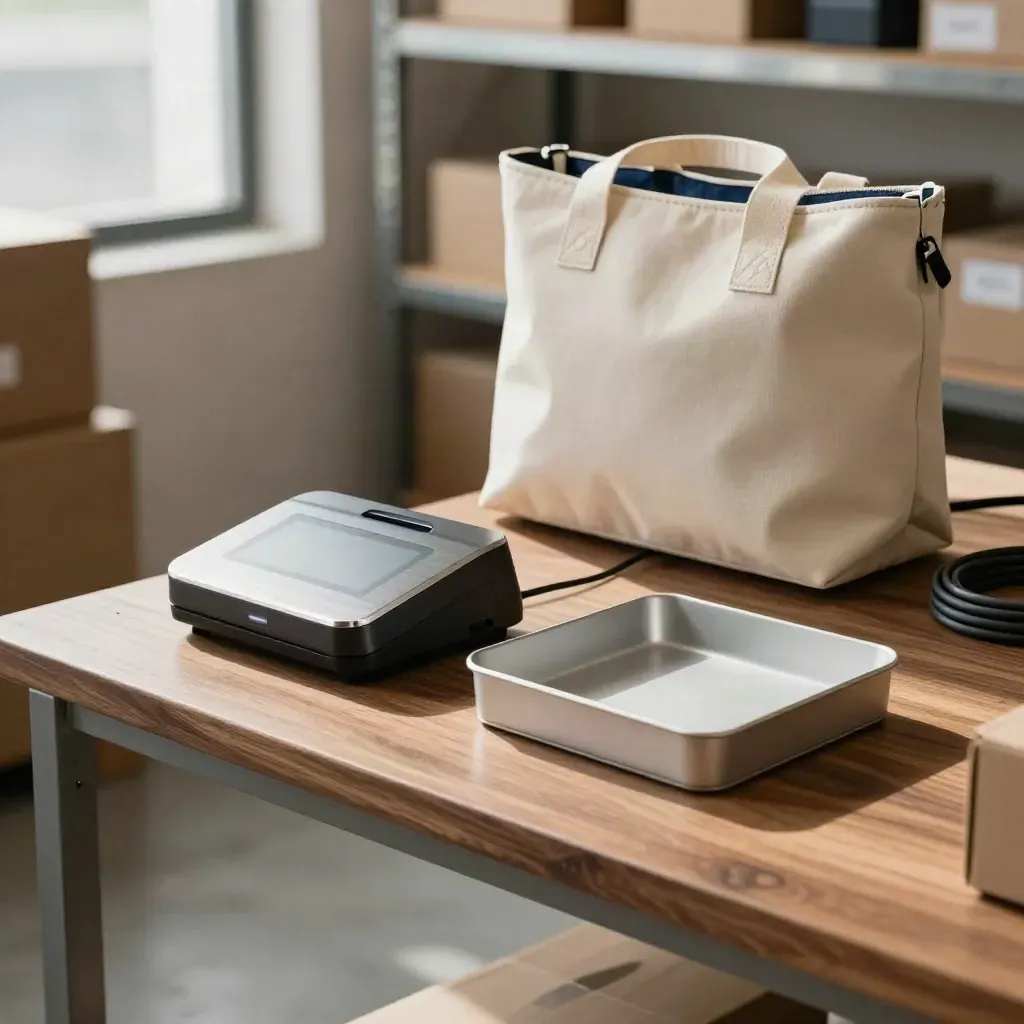 POS sync terminal beside a stock tray and tote in a warm backroom with soft daylight.