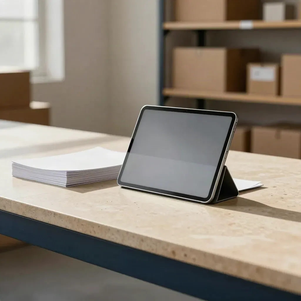 Inventory tablet beside an export dock and stacked sheets in a warehouse workflow scene.