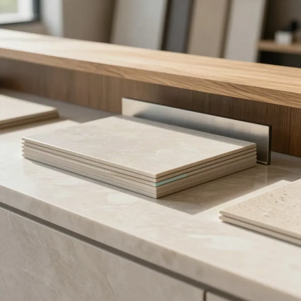 Sunlit marble counter with stacked tiles, soft shelves above, calm space for copy