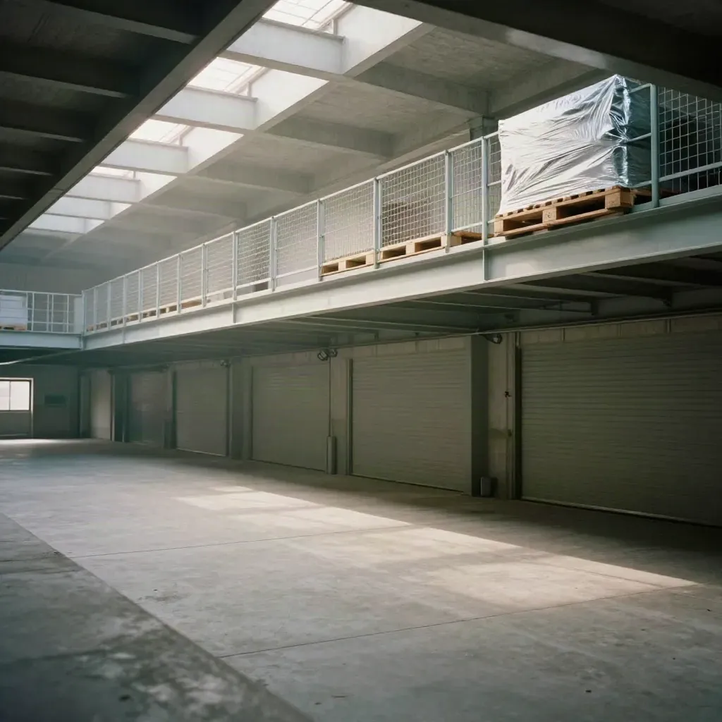 Sunlit warehouse mezzanine with steel beams, catwalk, pallets and calm shadowed floor.