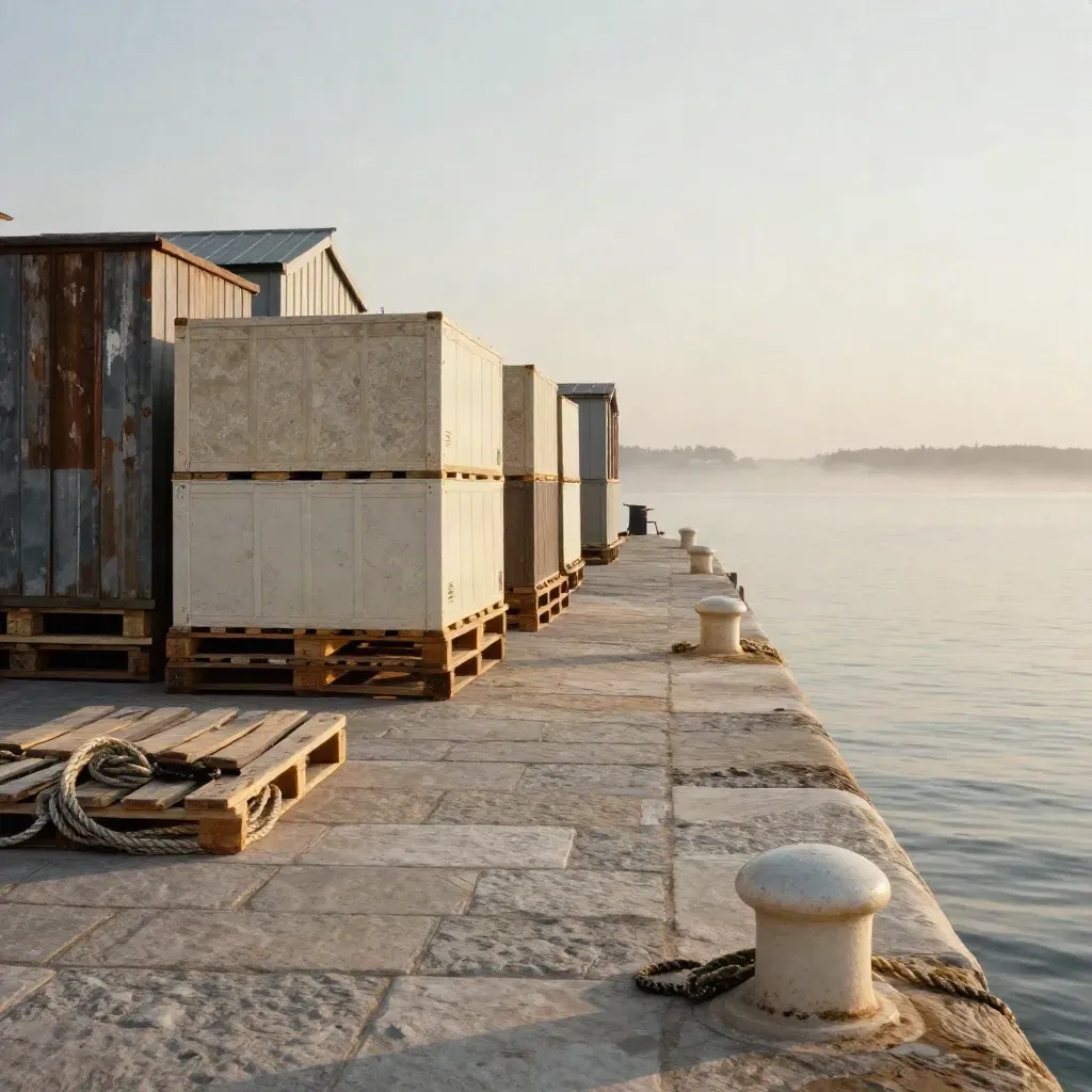 Weathered stone quay with freight crates in golden light and misty harbor behind