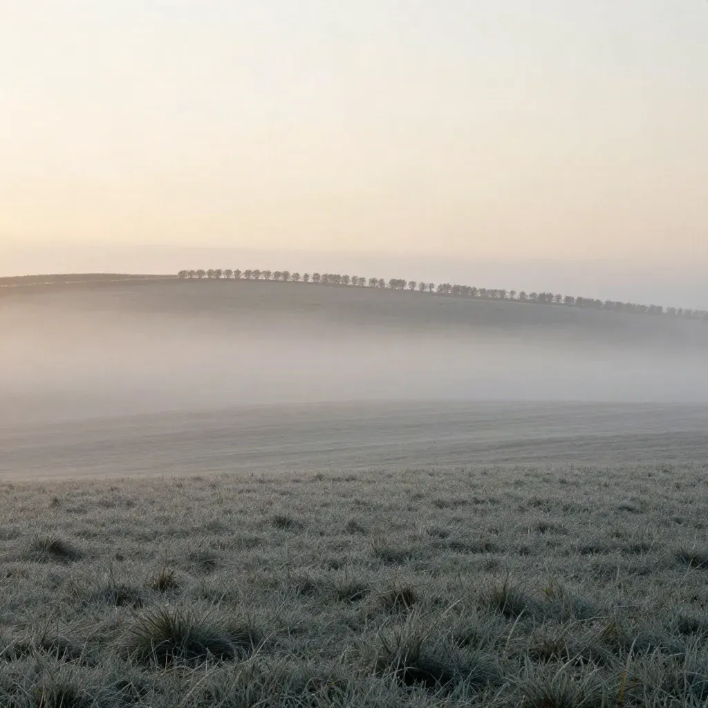 Fog lifts over rolling fields with a straight hedgerow and pale sky.
