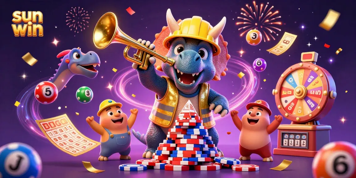 Engage in the exciting world of sun win with vibrant lottery elements and cheerful characters in a dynamic celebration.