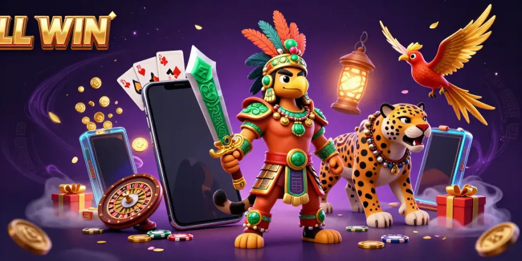 Engage with LL WIN through a vibrant 3D casino scene featuring Aztec warriors and exciting gaming elements.