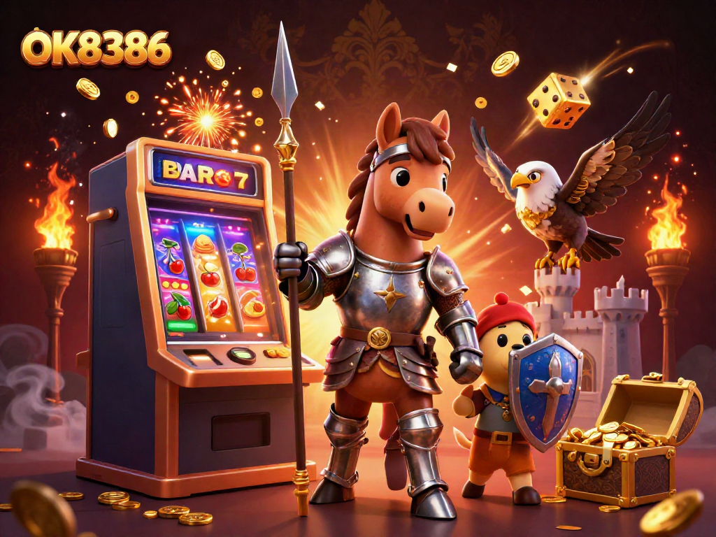 Experience thrilling gameplay at OK8386 with vibrant slot machines and characters celebrating wins!