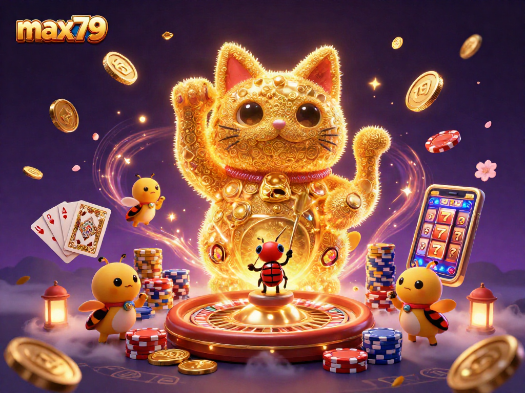 Max79 showcases a vibrant 3D lucky cat surrounded by casino elements, symbolizing gaming excitement.