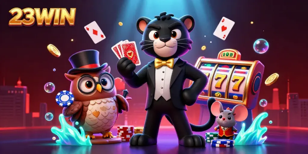 Experience thrilling gaming action with 23WIN as a stylish panther deals cards in an energetic casino scene.