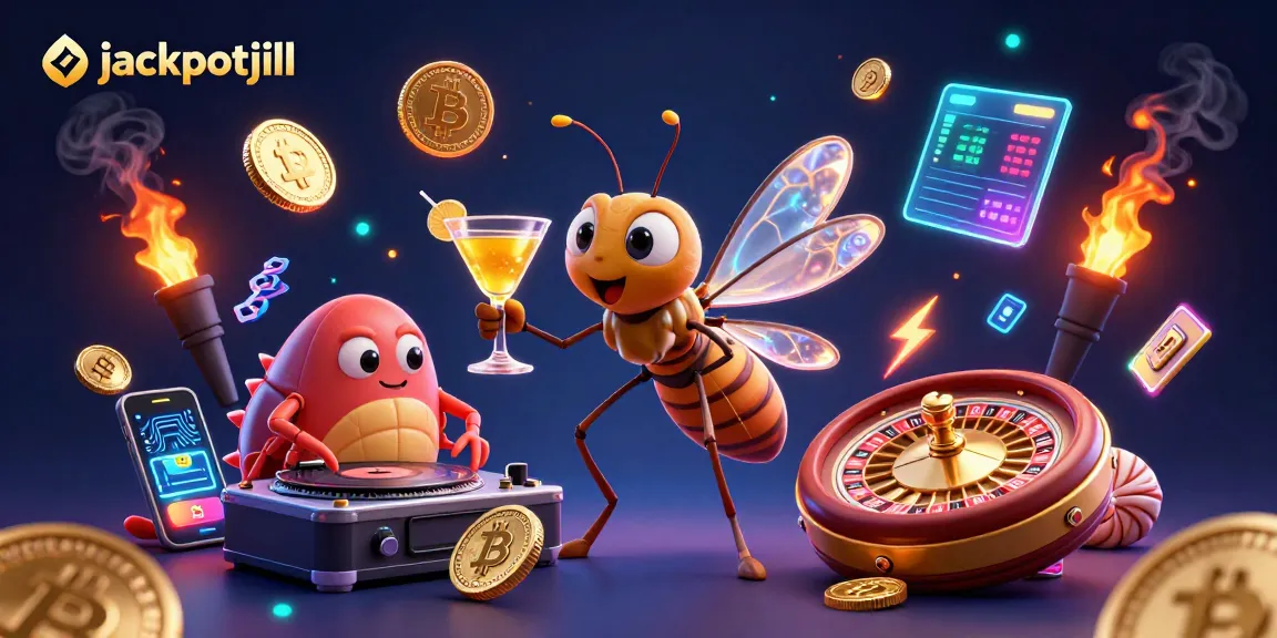Experience the excitement of jackpotjill with a vibrant 3D casino scene featuring unique mascots and crypto elements.