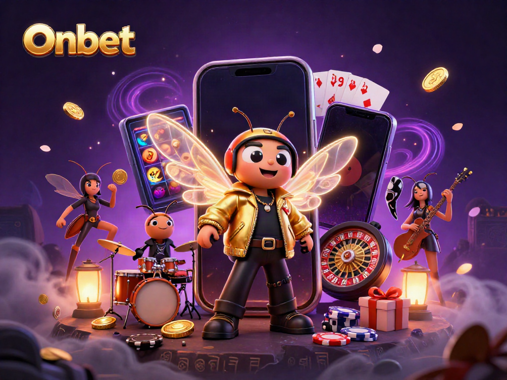 Onbet enhances your gaming experience with a dazzling 3D casino scene featuring exciting slot games and energetic characters.