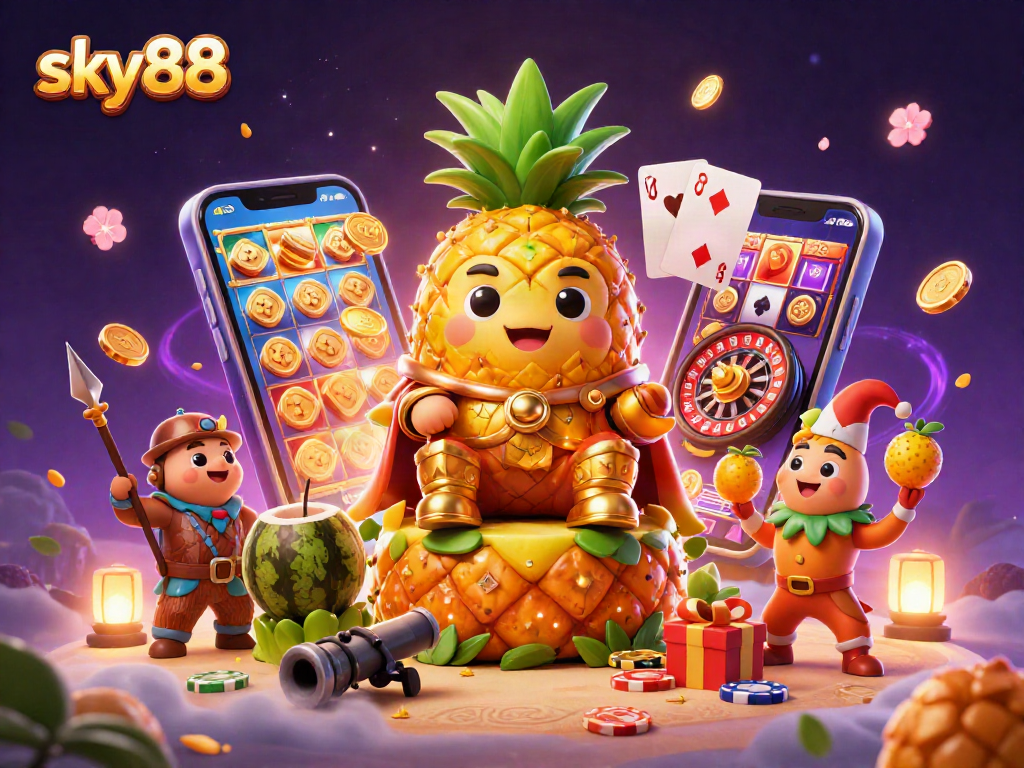 sky88 brings excitement with a pineapple king surrounded by casino games and vibrant characters.