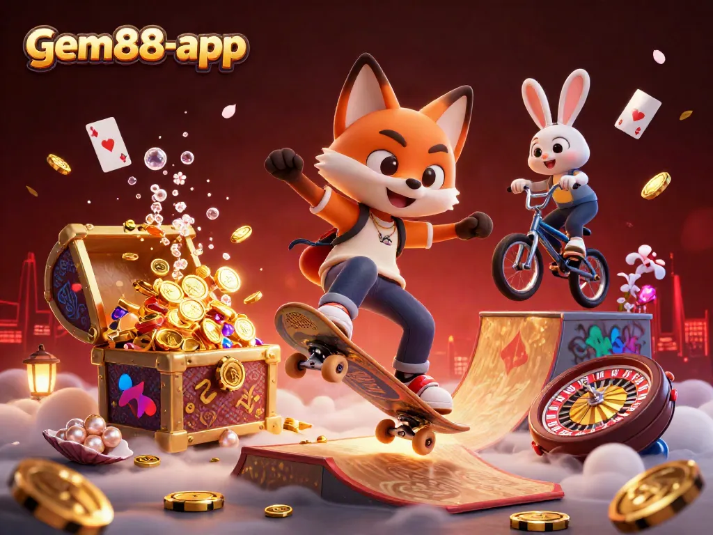 Experience the excitement of gem88-app with a dynamic casino scene featuring a skateboarding fox and rabbit.