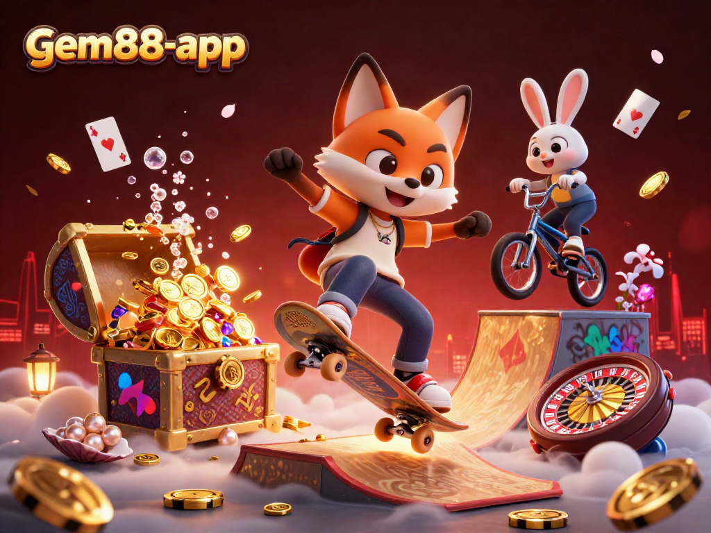 Experience the excitement of gem88-app with a dynamic casino scene featuring a skateboarding fox and rabbit.