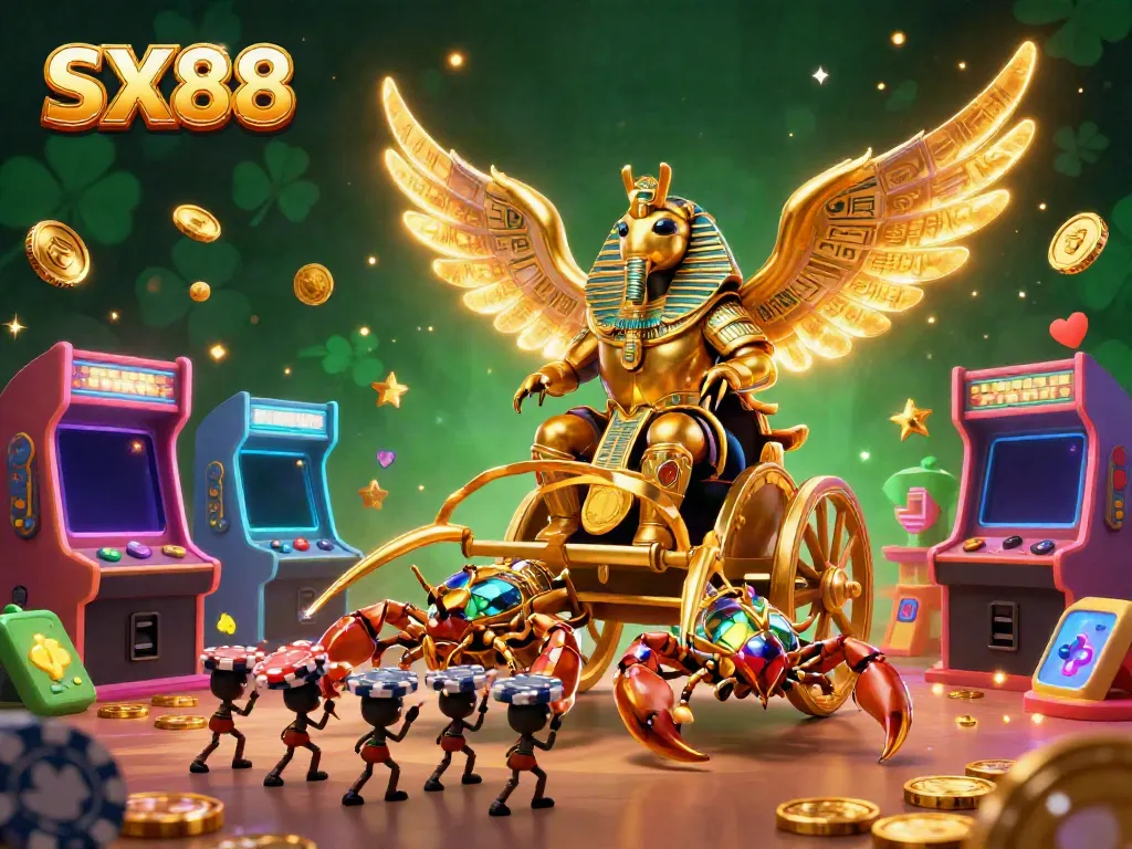 Experience SX88-themed vibrant 3D illustration showcasing a golden scarab beetle in pharaoh armor amidst arcade machines, casino elements, and poker chips.