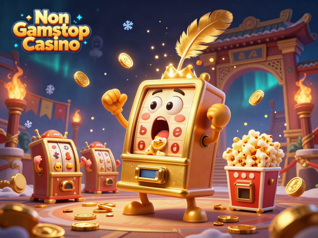 The Non Gamstop Casino golden slot machine celebrates a jackpot as coins burst forth, amidst cheering baby machines.